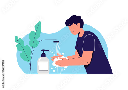 A person is washing their hands with soap and water under a faucet surrounded by greenery for hygiene and cleanliness awareness