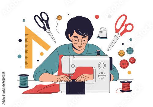 Creative person engaged in sewing and crafting projects with sewing machine and accessories