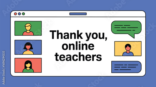 Thank you online teachers displayed on a computer screen with avatars and chat bubbles shown too