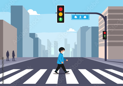 Urban street scene with pedestrian crossing a road at a traffic light intersection with city buildings and skyscrapers