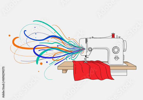 Creative abstract design representing the artistic expression of sewing and textile creation using a sewing machine and colorful flowing lines