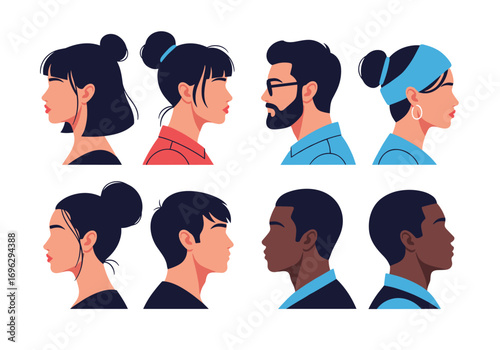 Diverse collection of people's faces in profile view depicting various ethnicities hairstyles and genders in a stylized illustration