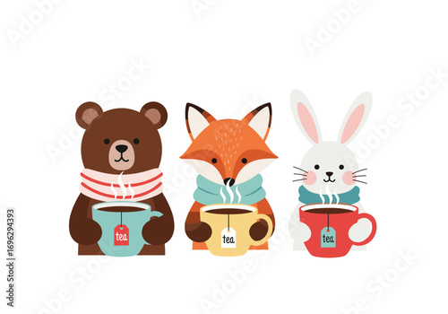 Cute animals enjoying hot drinks in cozy scarves on a white background