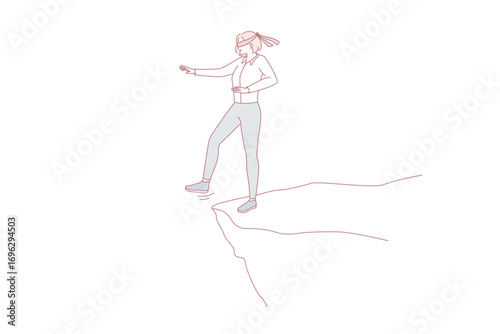 Business danger and confidence concept. Young stressed woman standing forward to abyss having eyes closed vector illustration
