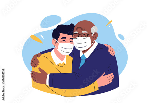 Intergenerational hug between two men wearing face masks expressing warm affection during times of uncertainty