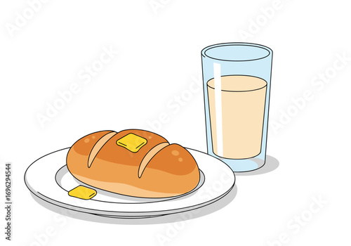A delicious breakfast featuring a warm loaf of bread topped with melted butter and a refreshing glass of milk.