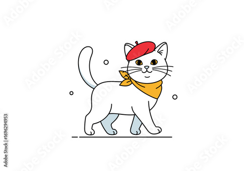 Adorable white cat wearing a red beret and yellow scarf walking gracefully