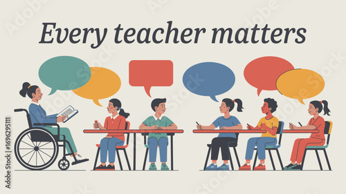 Illustration of teacher in wheelchair with students and speech bubbles in classroom setting shown
