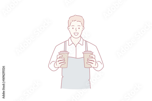 Working as barista in cafeteria concept. Young smiling man barista cartoon character wearing apron standing holding cups with coffee drink vector illustration