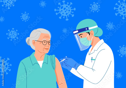 Healthcare professional administers vaccine to elderly person with covid-19 viruses in the background