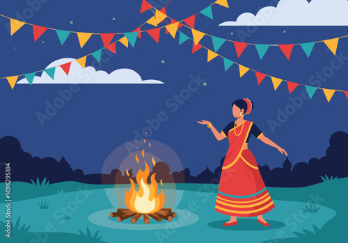 A traditional indian woman dancing joyfully around a blazing bonfire under a starry night sky with colorful bunting