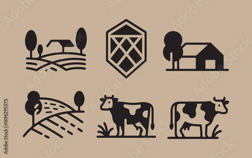 Set of stylized farm and rural landscape icons in a minimalist line art style