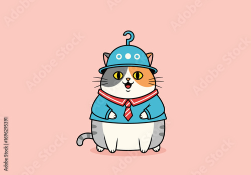 An adorable cartoon cat dressed in a sailor outfit with a quirky hat and a bright smile