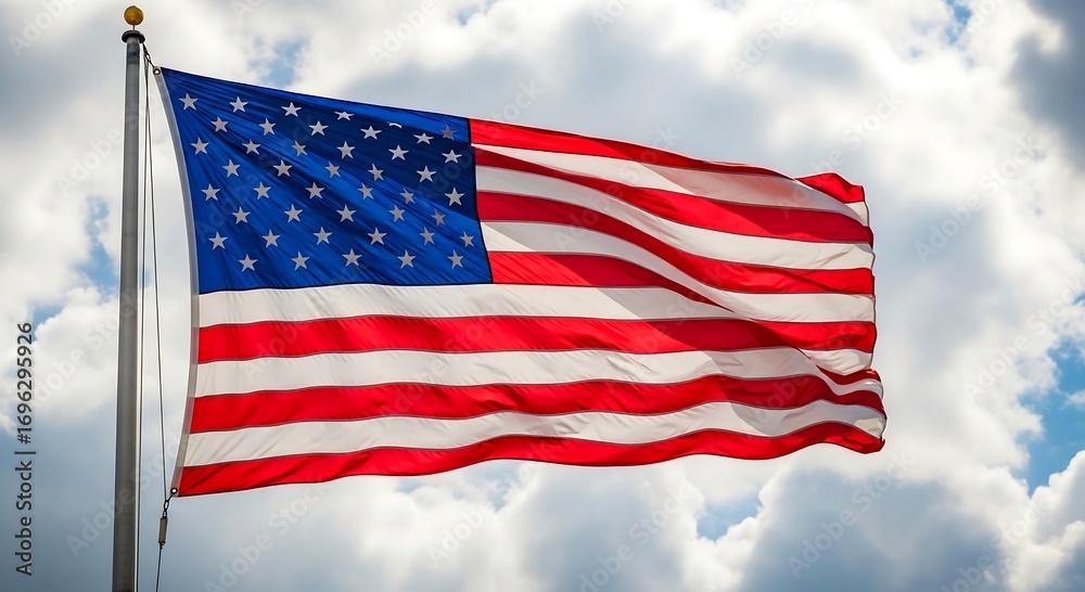 Obraz premium American flag waving proudly against a backdrop of fluffy white clouds