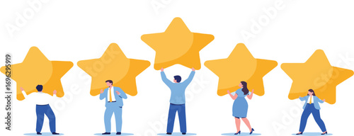People holding up large yellow stars on a white background flat