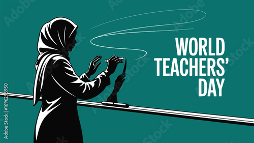 Silhouette of a teacher writing on a chalkboard for world teachers day celebration event poster design