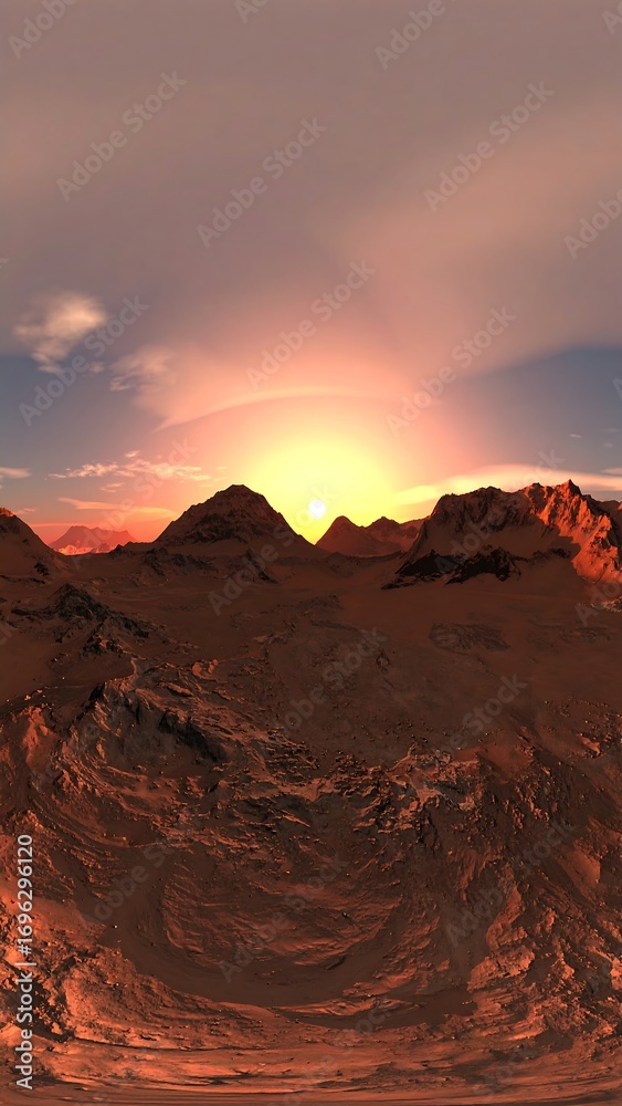 Fototapeta premium 360-degree panoramic sunset over a reddish desert landscape