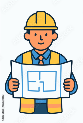Construction worker holding blueprint, professional contractor, architect planning building structure