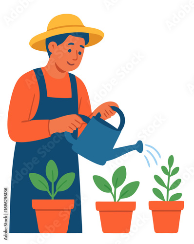 Happy Gardener Watering Plants A Delightful Illustration