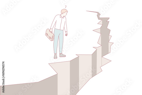 Business danger and challenge concept. Young frustrated businessman cartoon character standing looking at cracked ground abyss vector illustration