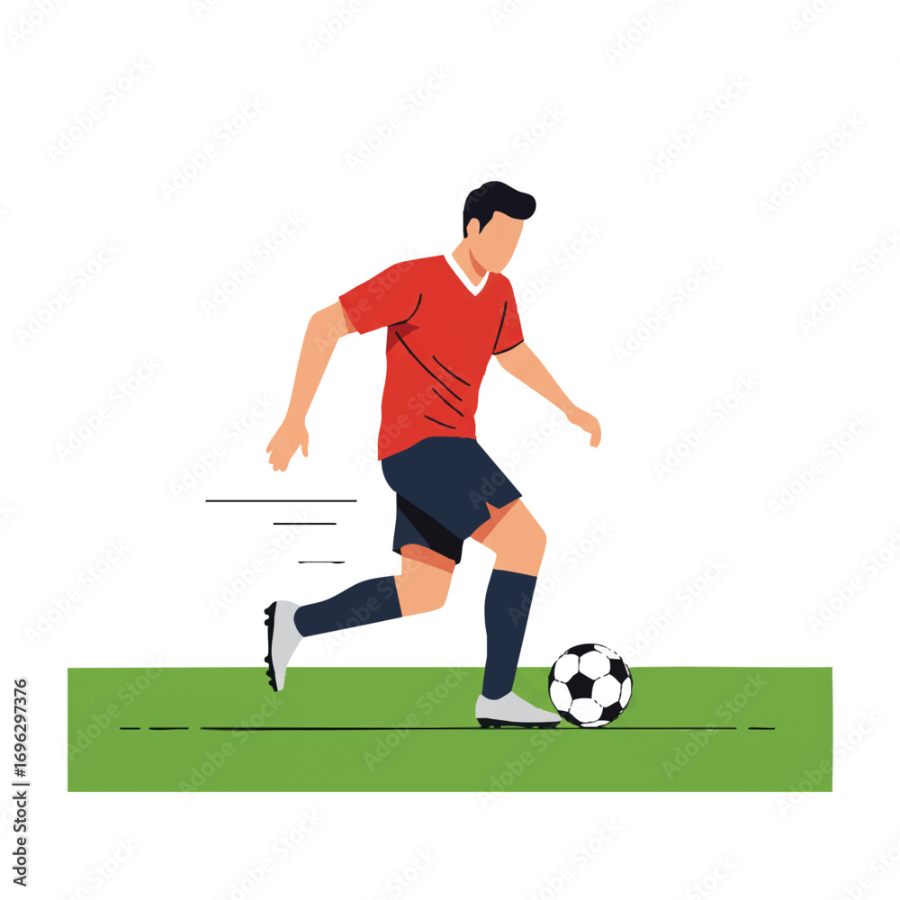 Obraz premium Male soccer player dribbling a ball across a green pitch, captured in a dynamic flat 2D vector illustration with vibrant colors and clean outlines on a crisp white background.