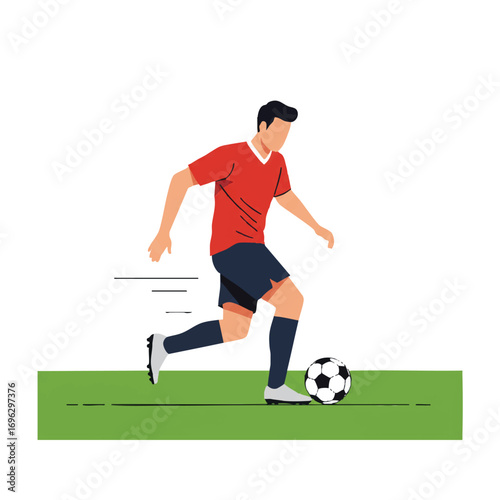 Male soccer player dribbling a ball across a green pitch, captured in a dynamic flat 2D vector illustration with vibrant colors and clean outlines on a crisp white background.
