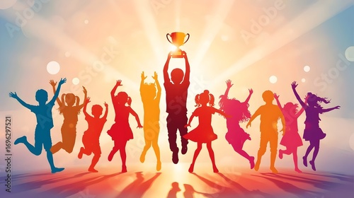 Colourful Silhouettes of Joyful Children Jumping and Dancing with Trophy Symbolising Celebration and Success on national youth confidence day 