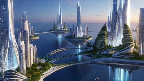 Futuristic Ocean Cityscape Skyscrapers, Islands, and Vessels