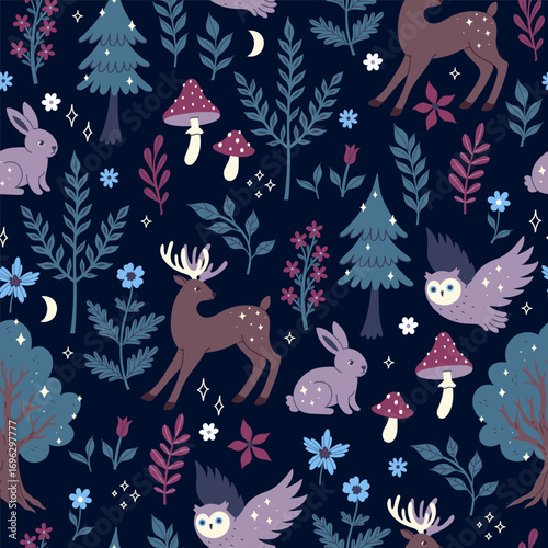 Seamless pattern of night forest with animals and plants. Vector graphics