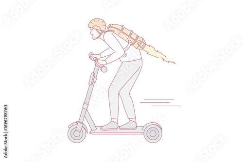 Speed and modern transport concept. Young smiling man in helmet riding scooter with rocket on back vector illustration