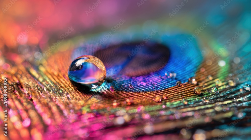 Fototapeta premium Captivating Macro Shot of Water Droplet on Peacock Feather with Iridescent Colors, Symbolizing Beauty Diversity and Detail
