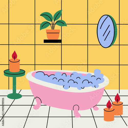 Bubble Bath Clipart with Pink Tub and Candlelight