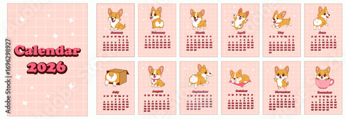 2026 calendar featuring adorable cartoon corgis in playful poses on a pink grid background with monthly layouts and cute kawaii dog illustrations