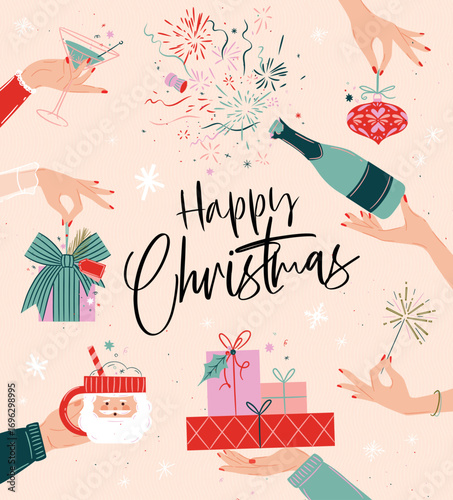 Christmas celebration poster with hand holding bottle, gifts, fireworks, tree toy, cocktail glass and santa cup drawing in art vintage style on beige background.