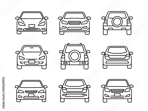 Nine car icons front and rear view line art automobile
