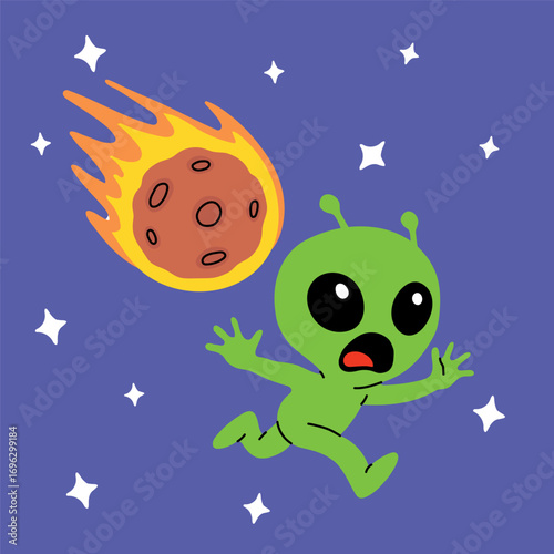 Funny Cartoon Alien Running from Meteor in Space