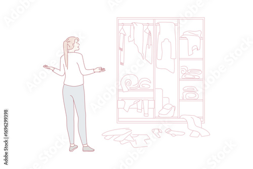 Difficult choice and wardrobe concept. Young frustrated woman cartoon character standing looking at chaos in wardrobe trying to choose clothes vector illustration