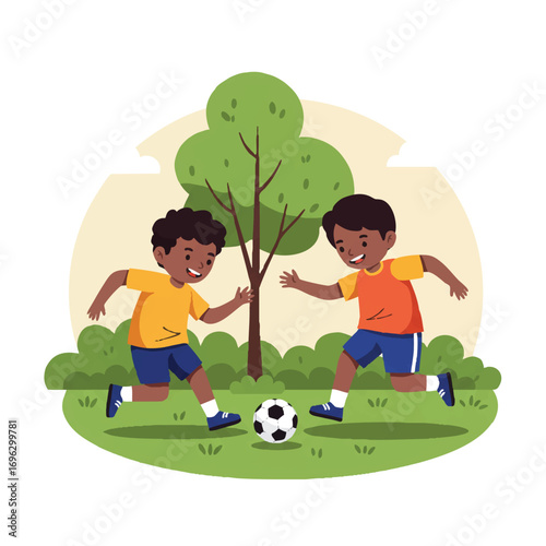 Vibrant 2D flat vector illustration shows two happy children playing soccer in a park, one dribbling the ball while another tries to take it, with a simplified tree.