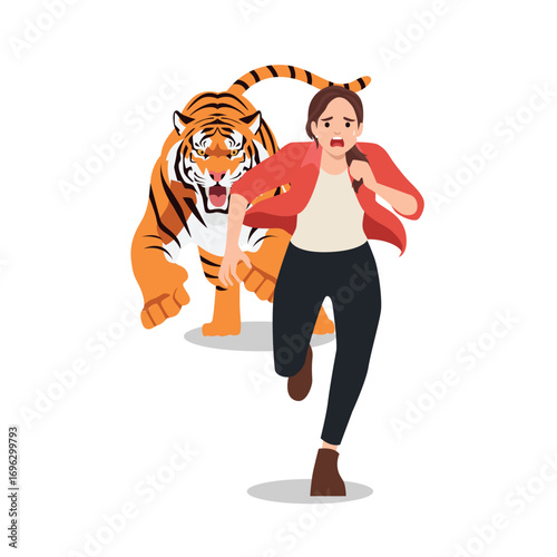 Frightened woman running away while being chased by an angry tiger. Flat vector illustration isolated on white background