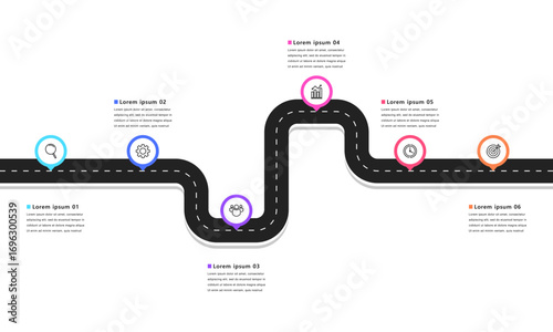 Business road map timeline infographic concept. with icons and 6 steps, Corporate milestones graphic elements. workflow layout, diagram, report, web design. Creative, Vector illustration.