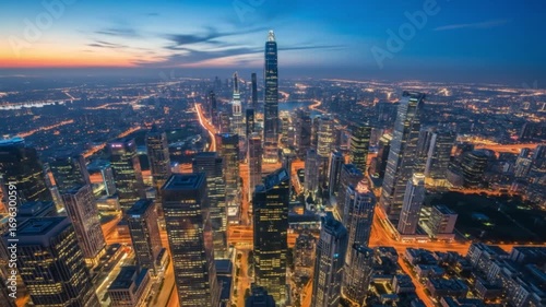 Night cityscape, illuminated skyscrapers, urban sprawl, highway intersections