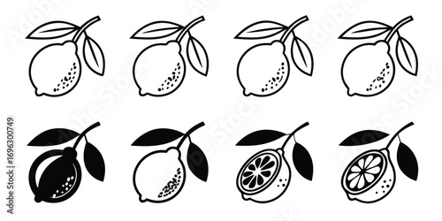 Collection of Stylized Lemon Icons with Leaves.