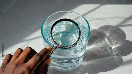 Magnifying glass examining glass of water.