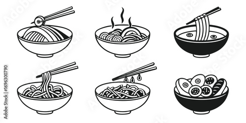 Collection of Stylized Noodle Bowls and Chopsticks.