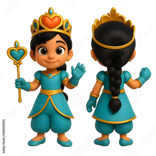 Princess girl in turquoise dress with crown and scepter, front and back view..eps