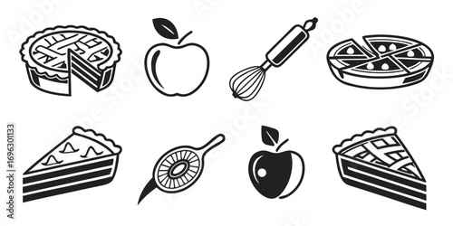 Delicious Apple Pie and Baking Utensils Icons.