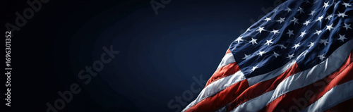 Dark blue background with an American flag waving in the bottom right corner