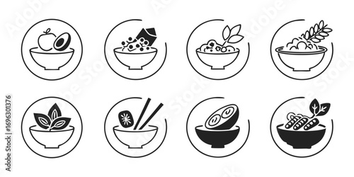 Diverse Food Icons in Bowls Collection.