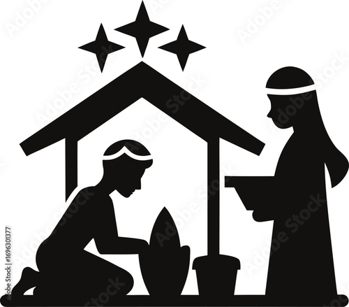Black Silhouette Icon of a Nativity Scene with Three Stars christmas jesus