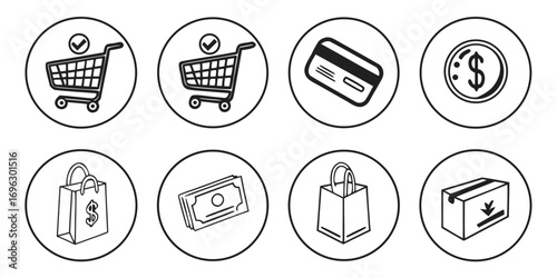 Ecommerce Icons Set Shopping Cart Credit Card Money Bag Box.
